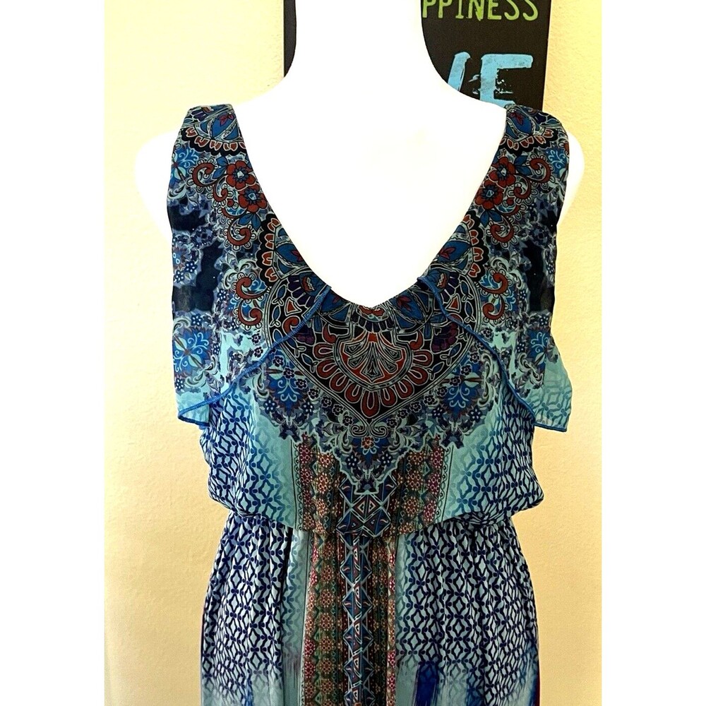 One World Paisley Boho Blue Ruffle Sleeveless Hi Lo Empire Waist Dress S - Picture 3 of 9